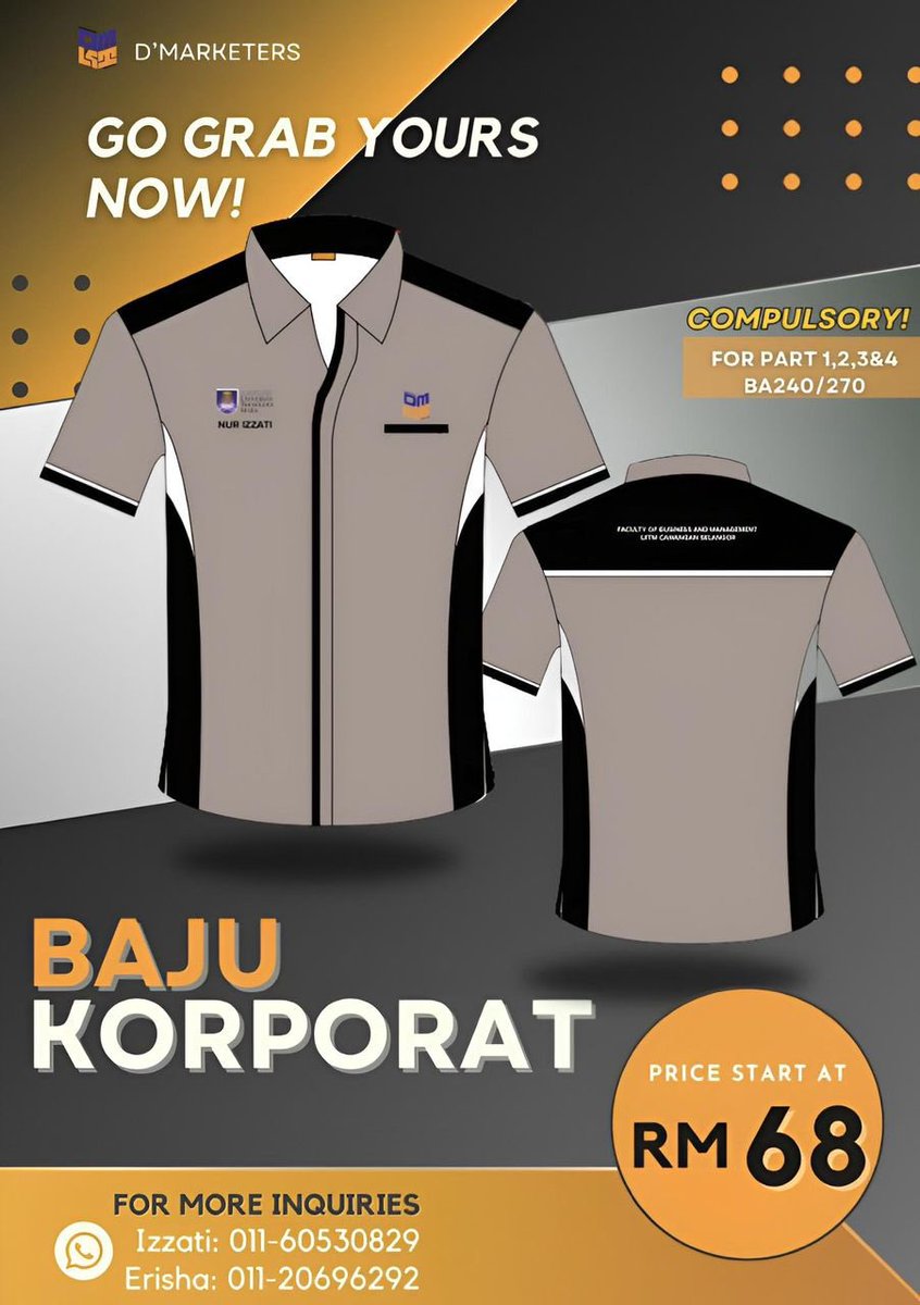 dmarketerspalam's tweet photo. Assalamualaikum wbt,
Salam Sejahtera,
Salam UITM Dihatiku.

📣📣 *TEMPAHAN BAJU KORPORAT D'MARKETERS* 📣📣

Kami dari pihak D'Marketers telah membuka tempahan baju korporat bagi semua pelajar BA270/BA240 Uitm Kampus Puncak Alam. https://t.co/xpsb8NP7Rd