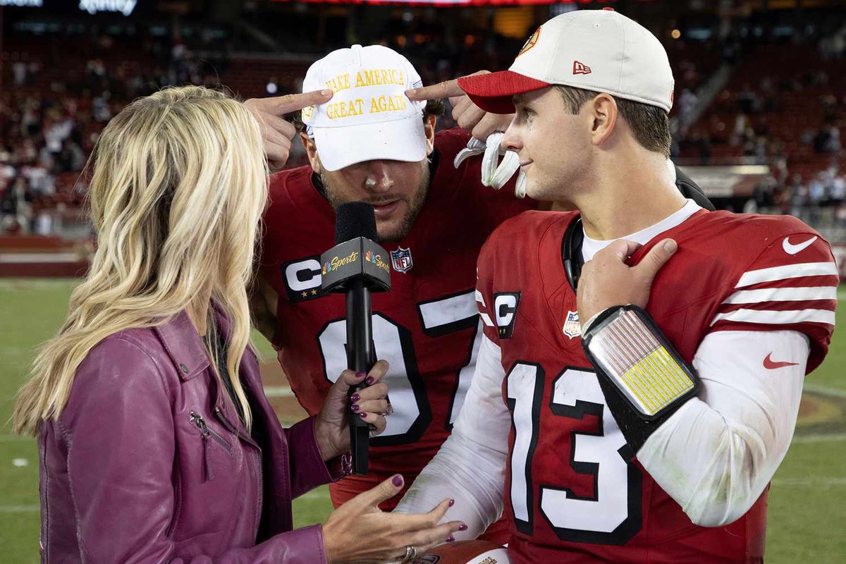 TrumpCrave's tweet photo. 🏈 Nick Bosa just got slapped with an $11,255 fine by the NFL for crashing a postgame interview in a MAGA hat. He's calling it "well worth it" post-Trump's win. 🌟 #MAGA #49ers #NFLDrama #Trump2024 https://t.co/Y3TEWiqOyq