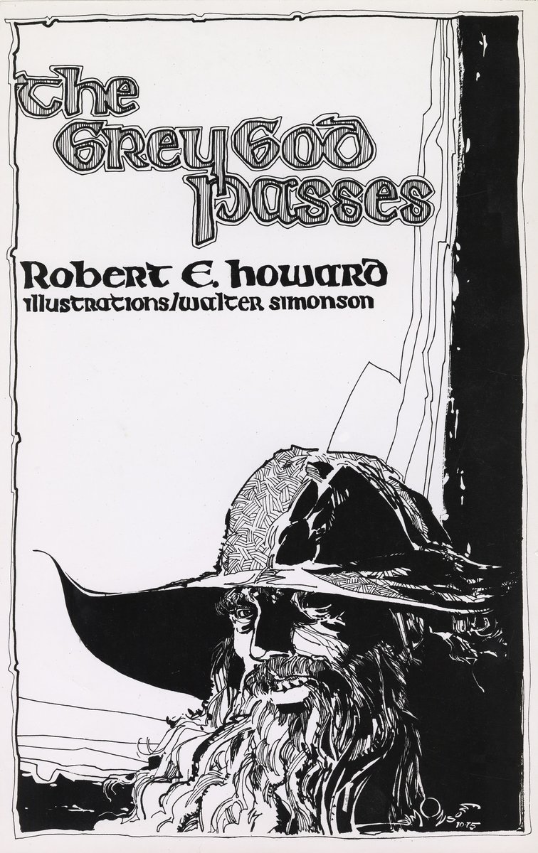 The Gray God Passes title page. Rapidograph and India ink. 8.5 x 10.25. 1975. Scanned from a stat.

A drawing for a small illustrated chapbook for the Howard story, published by the late Chuck Miller in 1975 or thereabouts.