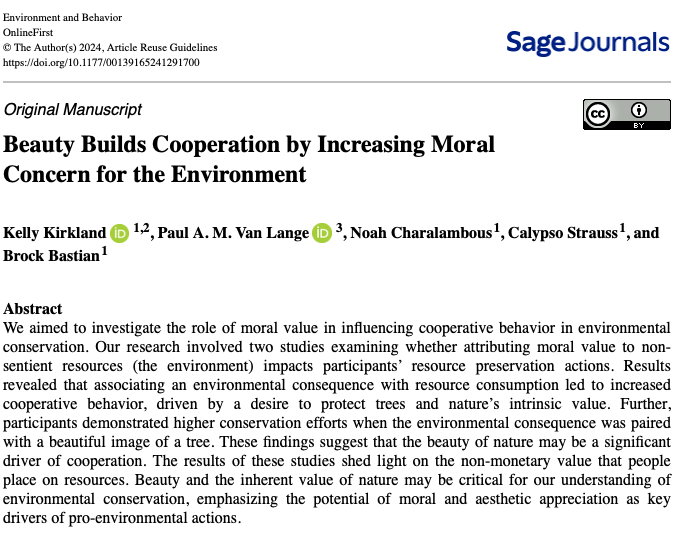 Kelly Kirkland (@kelly_kirkland_) on Twitter photo 🚨 Just dropped in Environment & Behavior!
We find that seeing the beauty in nature may be a powerful way to inspire cooperation for environmental protection
journals.sagepub.com/doi/10.1177/00…
With a top-notch team: <a href="/drbrockbastian/">Brock Bastian</a>, <a href="/PaulvanLange/">Paul van Lange</a>, <a href="/NoahChara/">Noah Charalambous</a> & Calypso Strauss 🚨 Just dropped in Environment & Behavior!
We find that seeing the beauty in nature may be a powerful way to inspire cooperation for environmental protection
journals.sagepub.com/doi/10.1177/00…
With a top-notch team: <a href="/drbrockbastian/">Brock Bastian</a>, <a href="/PaulvanLange/">Paul van Lange</a>, <a href="/NoahChara/">Noah Charalambous</a> & Calypso Strauss