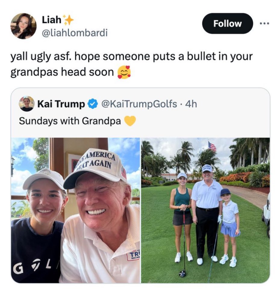 outragedteen_'s tweet photo. Make this woman famous. She responded to a 17-year old girl, @KaiTrumpGolfs, by threatening her grandfather. Despicable! https://t.co/LbWFj66wes