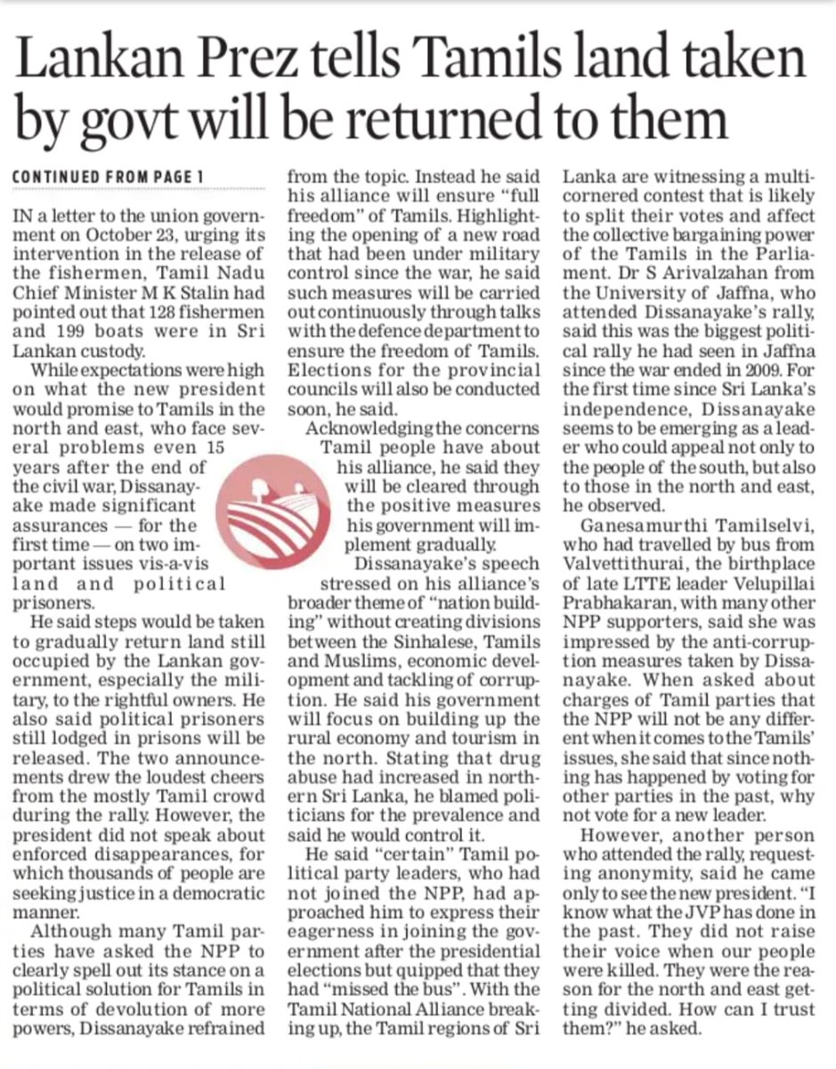 After becoming SL President <a href="/anuradisanayake/">Anura Kumara Dissanayake</a> addressed his 1st meeting, a campaign rally for the parliamentary election on Nov 14, in the northern district of Jaffna. One of his key assurances was to fully stop Indian fishermen illegally fishing in SL waters. (Thread) <a href="/xpresstn/">TNIE Tamil Nadu</a>