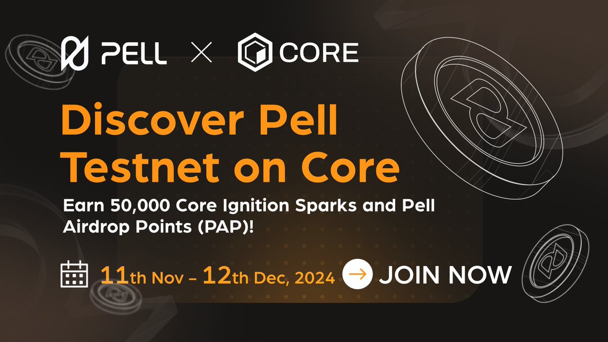 Pell Network | BTC Restaking (@pell_network) on Twitter photo 🚀 Pell x <a href="/Coredao_Org/">Core DAO 🔶</a> Testnet Campaign is Live! 🚀
Discover Pell Testnet on Core and Earn Core Ignition Sparks & Pell Airdrop Points!🎉
📅 Nov 11- Dec 12, 2024
🏆 50,000 Core Ignition Sparks+ Pell Airdrop Points (PAP) up for grabs!
Complete simple quests to earn:
🔥 Social 🚀 Pell x <a href="/Coredao_Org/">Core DAO 🔶</a> Testnet Campaign is Live! 🚀
Discover Pell Testnet on Core and Earn Core Ignition Sparks & Pell Airdrop Points!🎉
📅 Nov 11- Dec 12, 2024
🏆 50,000 Core Ignition Sparks+ Pell Airdrop Points (PAP) up for grabs!
Complete simple quests to earn:
🔥 Social