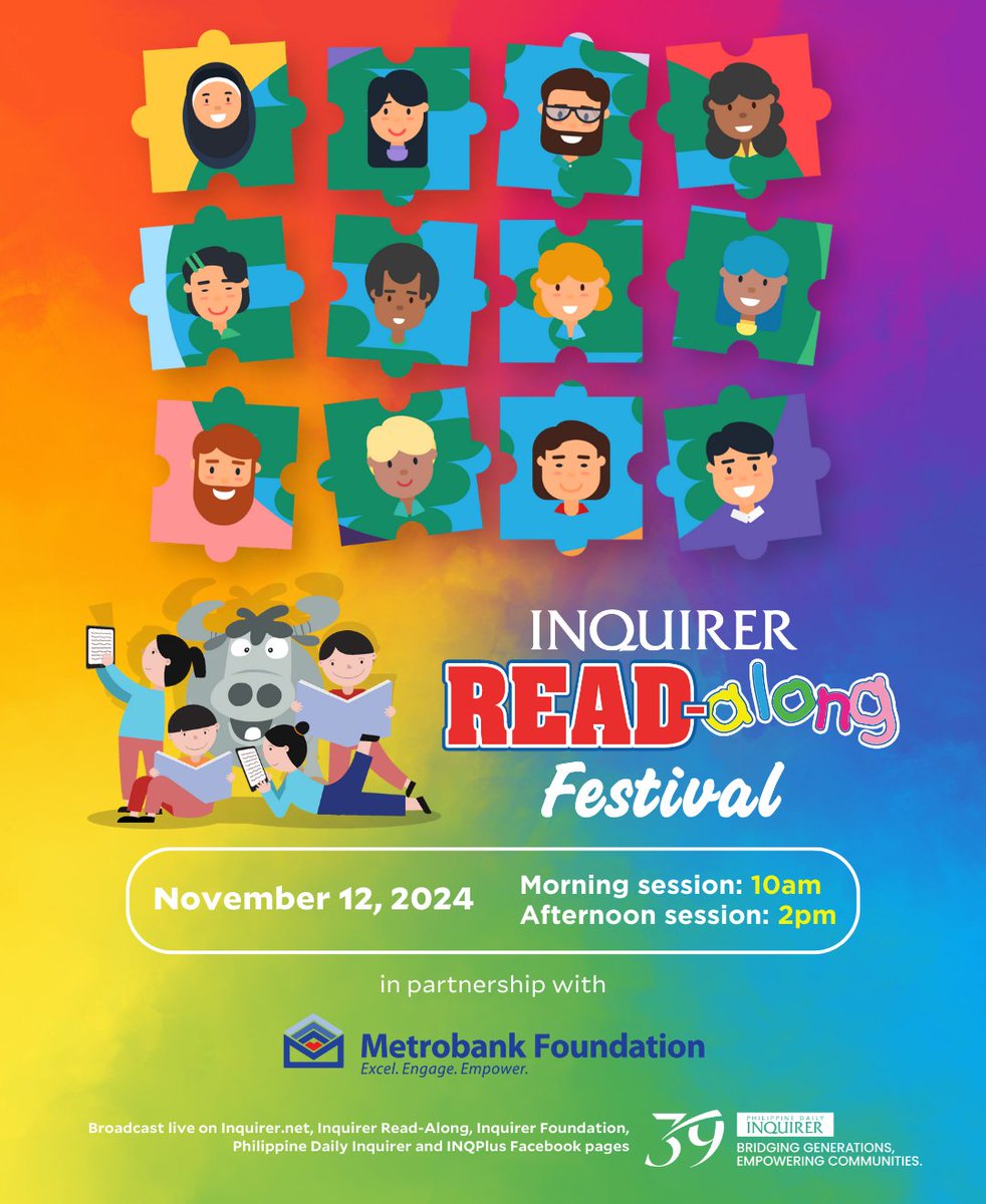 InqPOP's tweet photo. INQUIRER READ-ALONG FESTIVAL 2024!

Join us as we bridge generations and empower communities through reading!

See you all tomorrow, November 12 at 10am for the festival's morning session and 2pm for the festival's afternoon session! 

#SarapMagbasa
#InqReadAlong https://t.co/zPBlwtFOdO