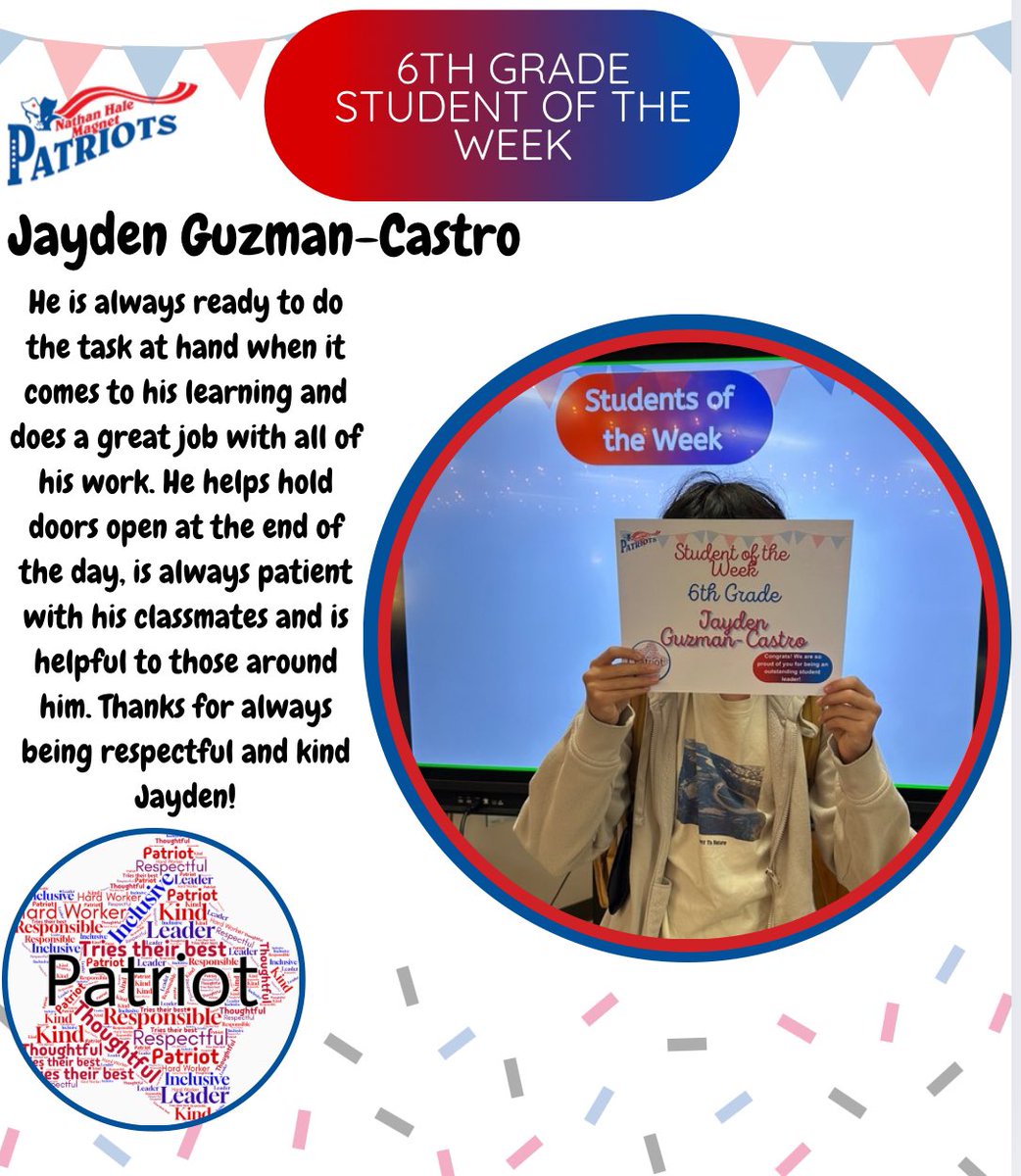 Couldn’t let the weekend end without a big shoutout to our Students of the Week! These students are fantastic and great peer models, keep it up! 
6th- Jayden Guzman-Castro *who absolutely didn’t want to take a picture 😄
7th- Alexis Nguyen 
8th- Wesley Toman 
 
Go Patriots 💙❤️