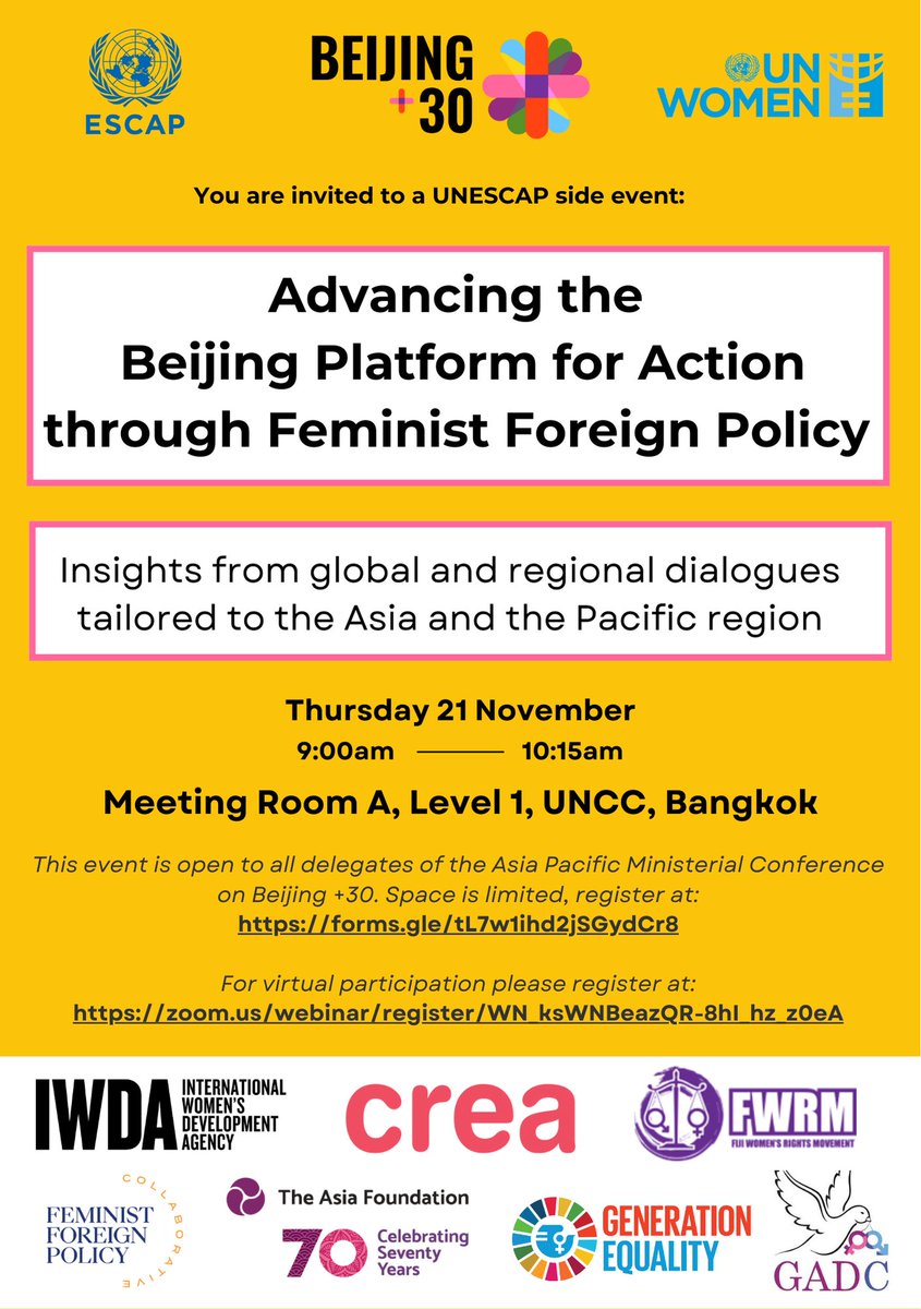 Excited that <a href="/Asia_Foundation/">The Asia Foundation</a> will moderate a side event at #BeijingPlus30 on Nov 21. With @IWDA, we’re discussing "Advancing the Beijing Platform for Action through Feminist Foreign Policy" to drive change in #AsiaPacific. Nov 21, 9 AM BKK  🔗 lnkd.in/gi7qhrYE  #Beijing30