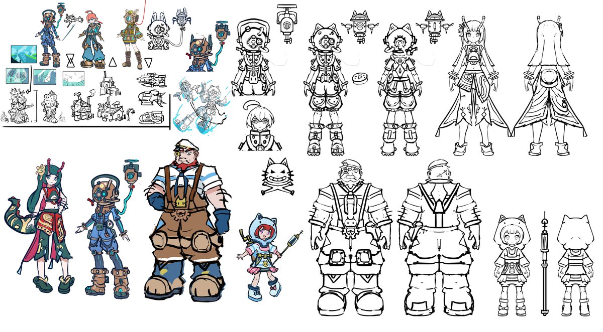 YueSolArts's tweet photo. Echoes Of The Torrent - Extras
Thread of unused drafts and sketches -1
The very first character sketches I did when I decided to do a new project for my portfolio. Originally the captain's silhouette was very different than now. 
Due to a time limit, I had to cut some aspects. https://t.co/7PohEx2dZ6