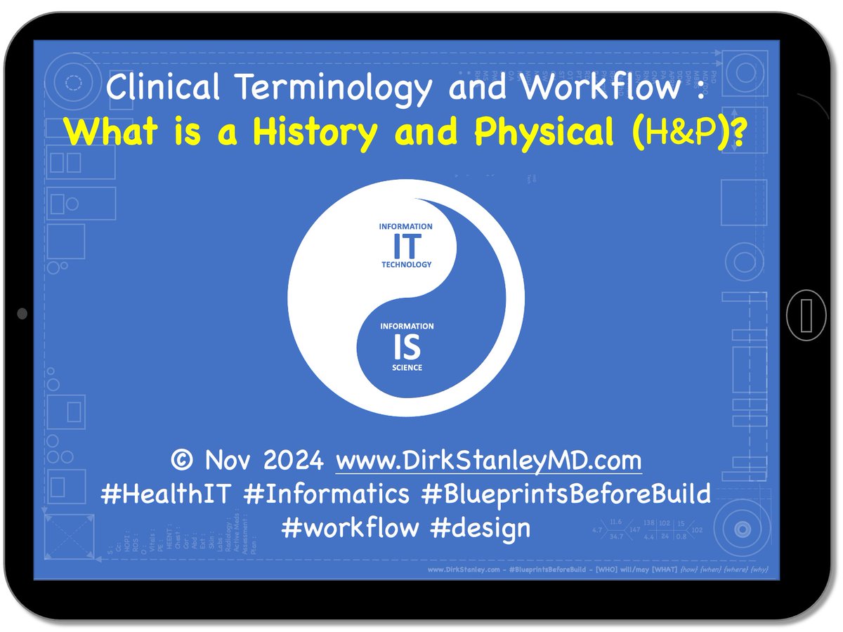 #CMIO Perspective: Clinical Terminology : What is a History and Physical (H&amp;P) ... dirkstanley.com/2024/11/clinic…
#BlueprintsBeforeBuild #Informatics #HealthIT #CNIO #WhyInformatics #workflow #design #hcldr #EHR #EMR #ptsafety