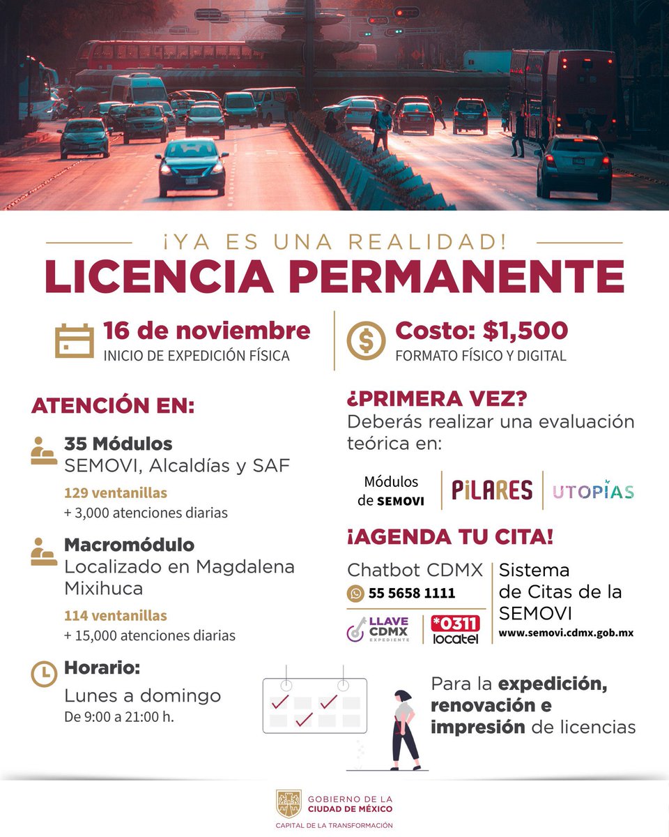 HoyNoCircula_mx's tweet photo. 🛻 A partir del 16 de noviembre, podrás tramitar tu Licencia de Conducir Permanente. Si ya cuentas con la licencia tipo A, ¡cámbiala a Permanente directamente en la #AppCDMX o en los módulos de @LaSEMOVI!

Con la 4T, Primero los coches.

Dudas con @locatel_mx https://t.co/49yJBFfLMY