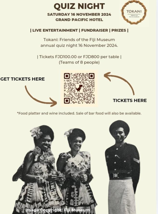 Final few days to organise your gang and purchase tickets to the 2024 Quiz Night #TeamFiji. 
If you have no gang gang, just come, it's Fiji: you will find gang. 
For now, scan the QR code 👇🏾👇🏾 &amp;  join us Saturday.