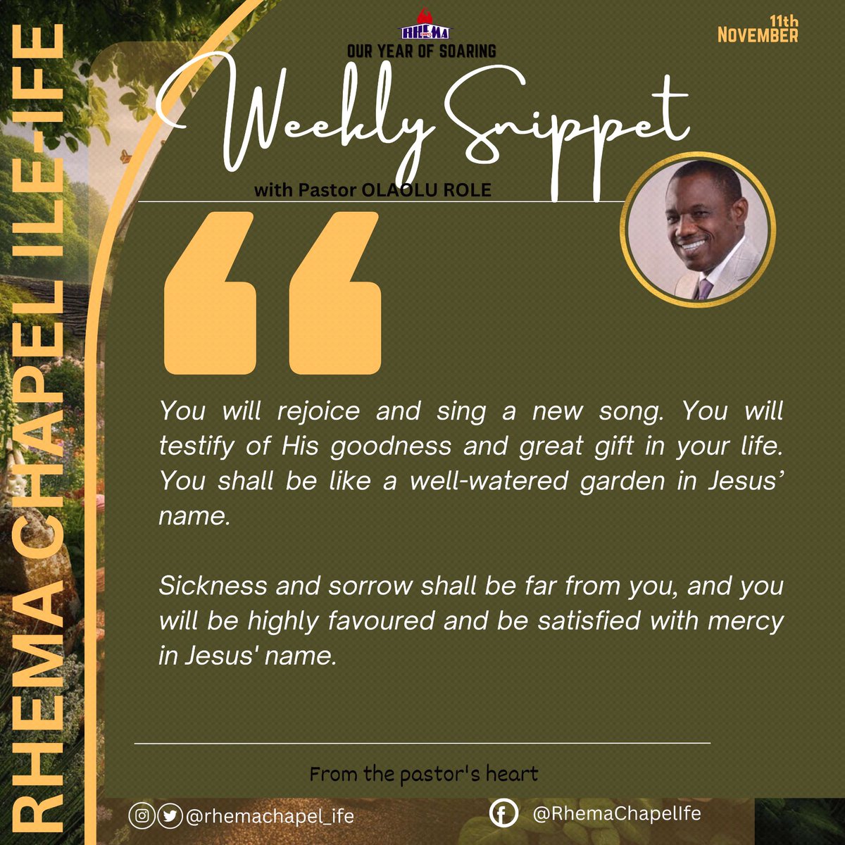 RhemaChapelxIfe's tweet photo. Hello, welcome to a beautiful week in November; our month of #Emergence. As you get ready to rise and shine for God and His Kingdom, meditate on this declaration from the heart of Pastor Olaolu Role and God will enforce those words in your life.
#RhemaIfe
#WeeklySnippet
#Soaring https://t.co/1h4NTbpURZ