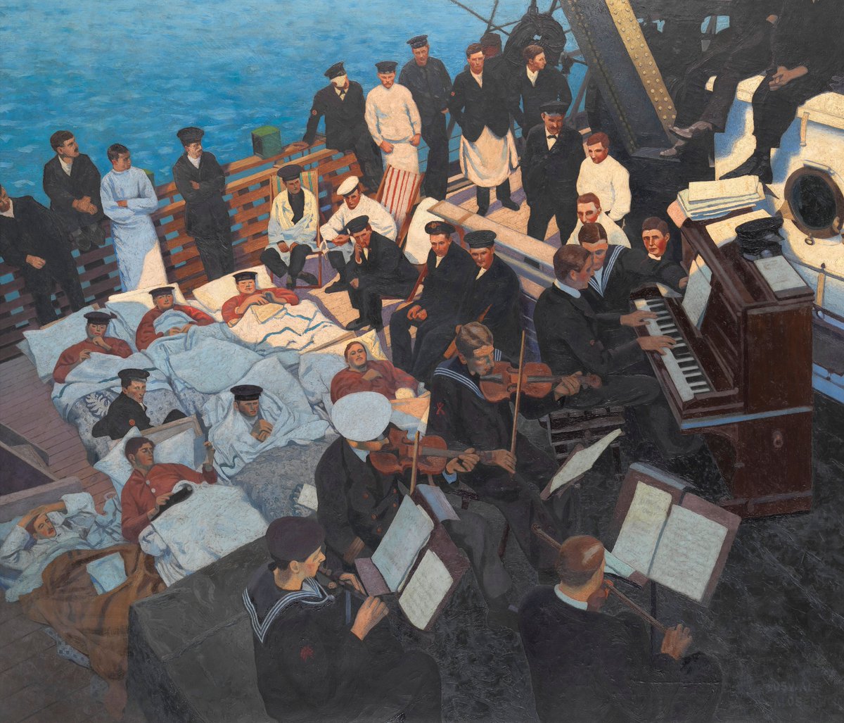 A beautiful oil painting by Oswald Moser showing wounded First World War sailors lying on the deck of a ship as their comrades play music for them.

#ArmisticeDay

Explore the work in more detail here: wellcome.info/moser