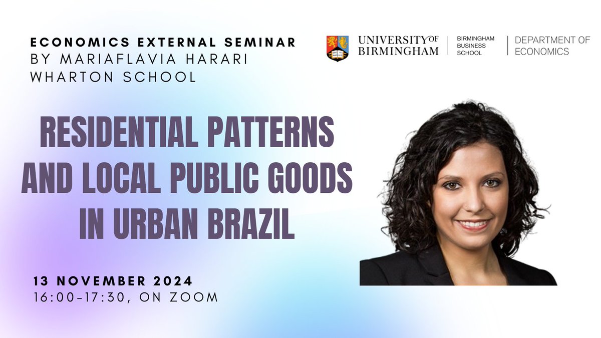 Bham Economics (@econ_ub) on Twitter photo THIS WEEK! Wed 13 November, 16:00 UK!
Online External Seminar by Mariaflavia Harari (<a href="/Wharton/">The Wharton School</a> School):
Residential Patterns and Local Public Goods in Urban Brazil
Registration: tiny.cc/UoBEconomics THIS WEEK! Wed 13 November, 16:00 UK!
Online External Seminar by Mariaflavia Harari (<a href="/Wharton/">The Wharton School</a> School):
Residential Patterns and Local Public Goods in Urban Brazil
Registration: tiny.cc/UoBEconomics