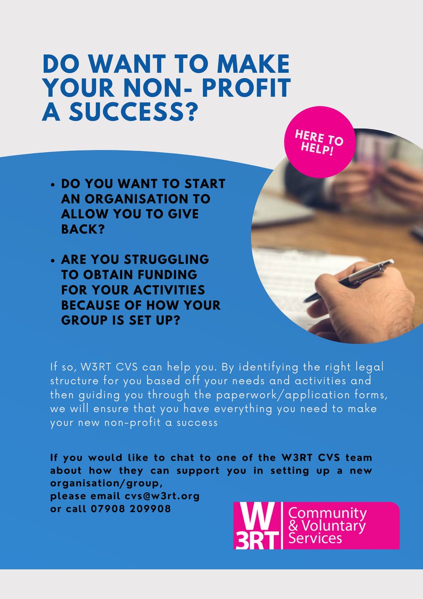 W3RT CVS Official (@cvsw3rt) on Twitter photo Do you want to kickstart your community initiative?
If so we are the experts in setting up new voluntary organisations & know the right structure for you to make it a success. Get in touch by emailing cvs@w3rt.org
#Watford #ThreeRivers #W3RTCVS #Charity #CIC Do you want to kickstart your community initiative?
If so we are the experts in setting up new voluntary organisations & know the right structure for you to make it a success. Get in touch by emailing cvs@w3rt.org
#Watford #ThreeRivers #W3RTCVS #Charity #CIC