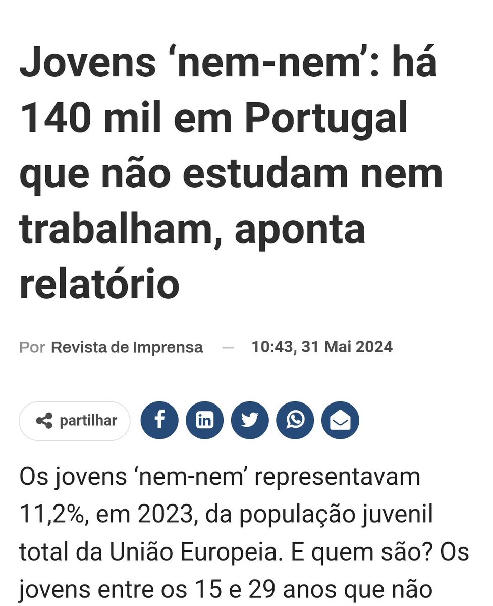 Portugal 🇵🇹 e a Europa 🇪🇺 têm falta de mão de obra ou o modelo Europeu de subsídios permite que 11% dos seus jovens simplesmente não produzam absolutamente nada.

São Biliões em potencial humano deitados fora...