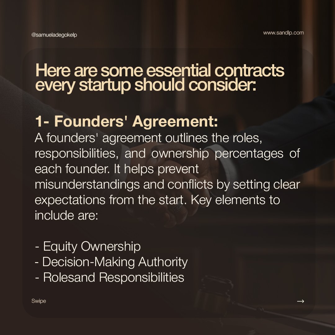 samueladegokeLP's tweet photo. Launching a startup? Protect it from the ground up! Contracts are essential for defining roles, securing IPs, and building trust among teams and clients/customers.

Here are some must-have contracts every startup should consider. https://t.co/C9D58pjaUg