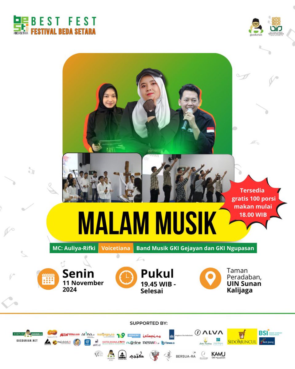 Malam Musik Panggung Budaya BESTFEST!

Suarakan beda setara lewat suara. Yuk nyanyi bareng @tiaistianaofficial @gkigejayan dan @gkingupasan_ malam ini!

------------------
Festival Beda Setara
Informasi selengkapnya ada di website bestfest.gusdurian.net