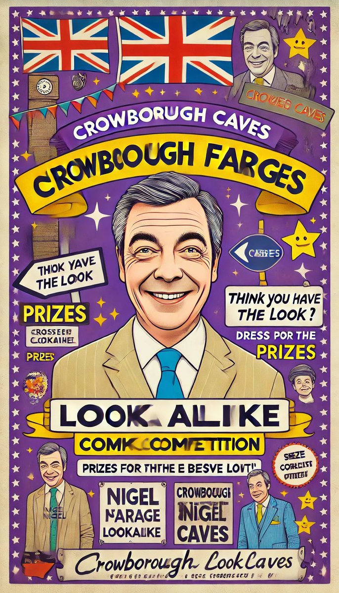 CrowboroughCave's tweet photo. 🏆 Think you’re a dead ringer for @Nigel_Farage? Prove it at the Crowborough Caves Festive Lookalike Competition!

📅 Sat 16 November 
📍 Crowborough Caves

Bring your best #NigelFarage face and stand a chance to win some fantastic prizes. Don’t forget to dress the part! https://t.co/r7fwUDhh2x