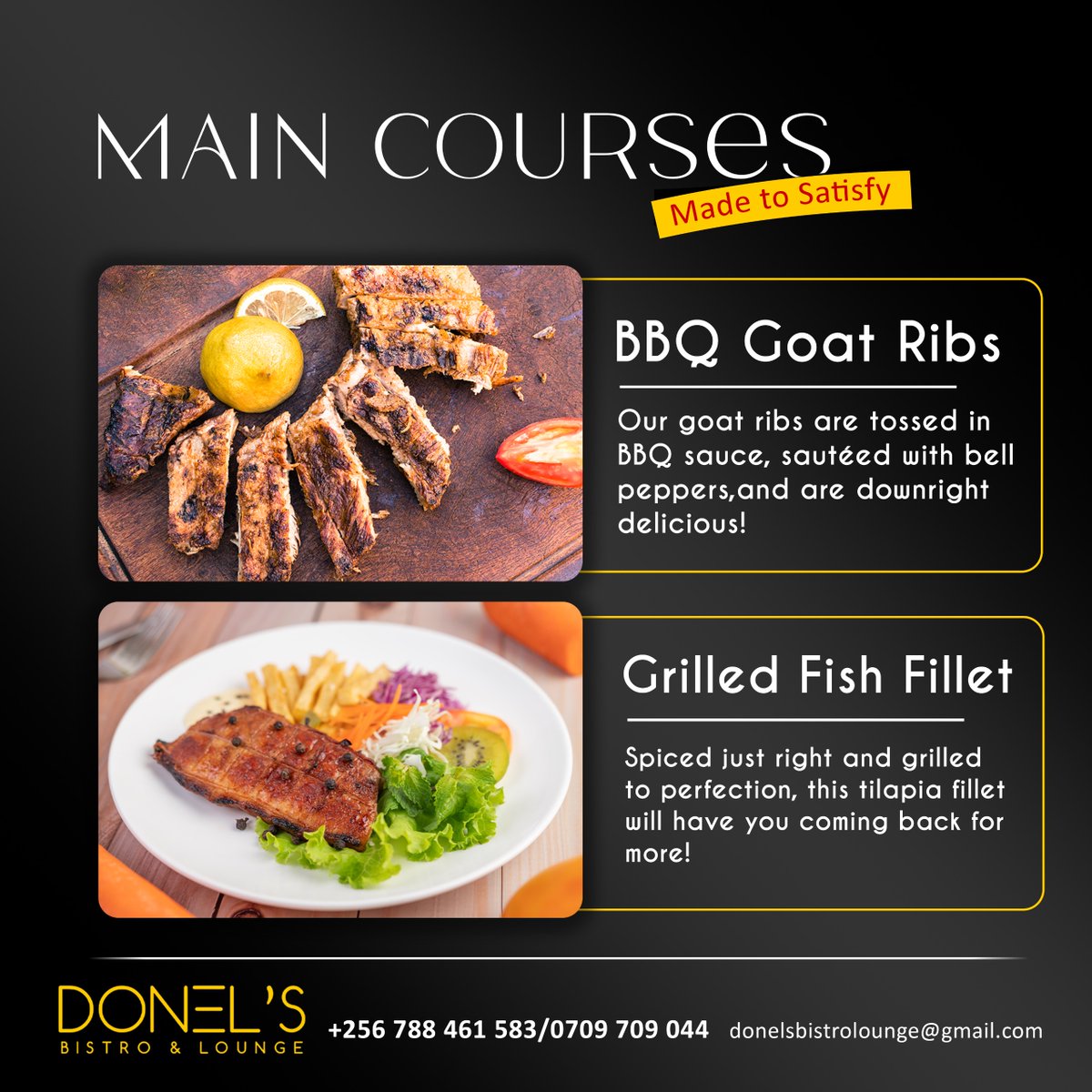 Satisfy your cravings with our irresistible main courses! 🍖✨ Whether you're in the mood for smoky, tender BBQ Goat Ribs or perfectly grilled Fish Fillet, Donel's Bistro &amp; Lounge has got you covered. Made to delight, served with love. Visit us today for a taste sensation!