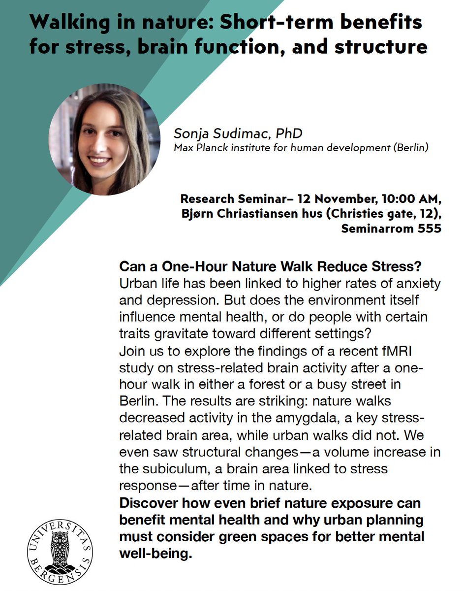 Sonja Sudimac (@ssudimac) on Twitter photo Excited to be giving a talk tomorrow at the University of Bergen, Norway, hosted by <a href="/simongrassini/">Simone Grassini</a>!
I'll be sharing my recent research on the benefits of walking in nature for stress relief, brain function, and brain structure. Join us if you are around!
<a href="/BergenUib/">University of Bergen UiB</a> #EnvPsych Excited to be giving a talk tomorrow at the University of Bergen, Norway, hosted by <a href="/simongrassini/">Simone Grassini</a>!
I'll be sharing my recent research on the benefits of walking in nature for stress relief, brain function, and brain structure. Join us if you are around!
<a href="/BergenUib/">University of Bergen UiB</a> #EnvPsych