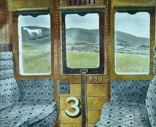 Enjoyed 'Eric Ravilious : Drawn to War' last night, Sky Arts. Dissatisfied he abandoned two versions of 'Train Landscape'. His wife Tirzah cut them up &amp; joined the best parts together. So a collage? New caption ‘Train Landscape, by Eric Ravilious and Tirzah Garwood’?