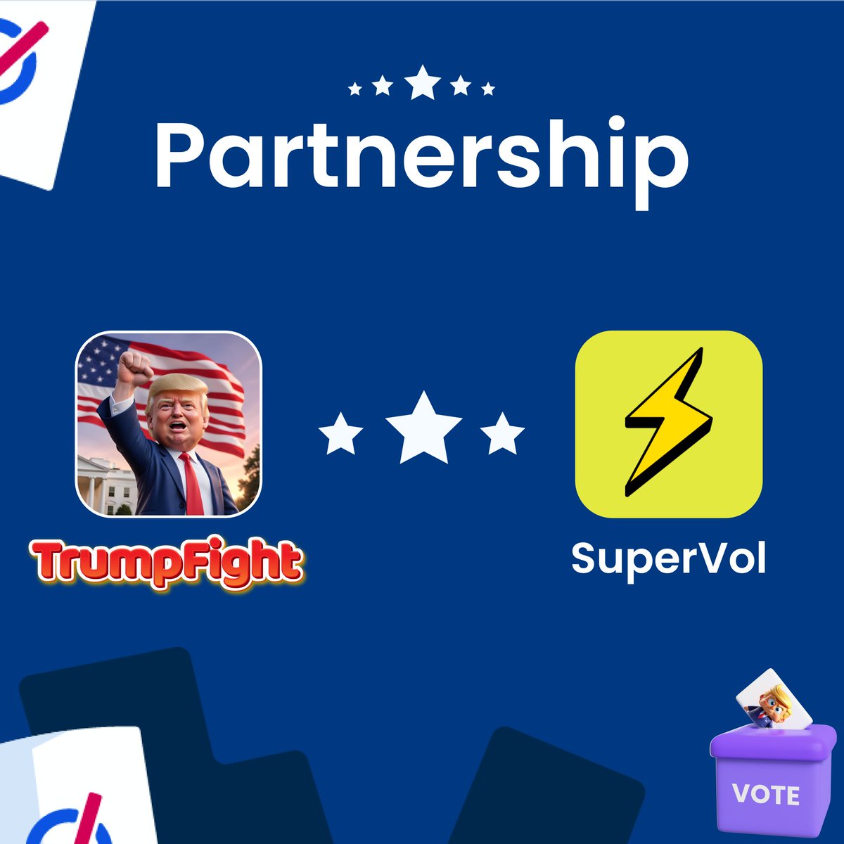 gm fam - we have news! 👀🌤️

TrumpFight is thrilled to partner with <a href="/SuperVol_io/">SuperVol⚡️</a> 🥳, the first gamified options trading platform on Soneium!

🪙 Now you can make quick 5s BTC price predictions, farm points &amp; invite friends—all while waiting for the full experience to launch. 🤟