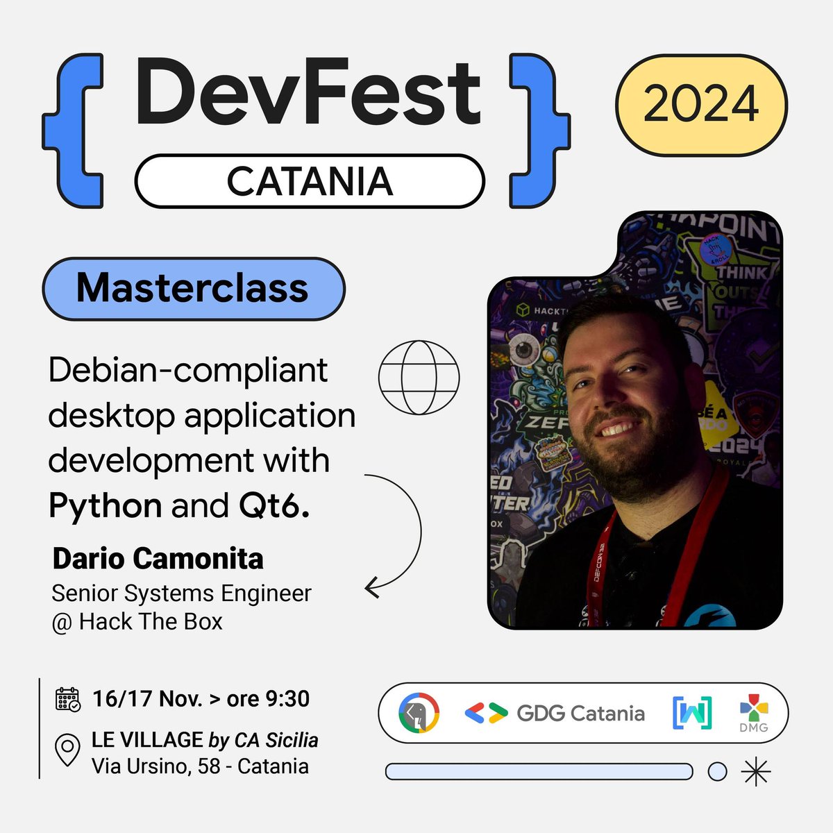 gdgcatania's tweet photo. Dal 2015 promotore della cultura FOSS e Lead del GDG Catania, Dario, Senior Systems Engineer di ParrotOS per Hack The Box, porterà il suo know-how alla DevFest. Una Masterclass su Python, Qt6 e il formato .deb per costruire app desktop con GUI 🖥️Prenota: https://t.co/BIsNTPiowT https://t.co/OlHvomM6bw