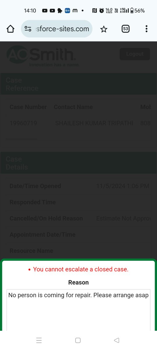 shailesh_tr's tweet photo. @AOSmithin complain lodged for geyser repair on 5.11.24, now without visit of technician the case has been closed.. which is not understood. Please check and arrange for repair immediately. https://t.co/NGsKrFfeyq