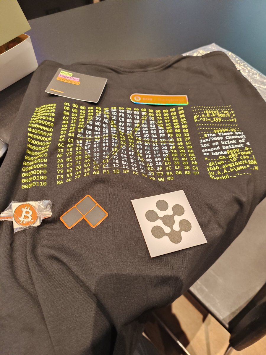 aassad's tweet photo. And the goodies, make this Hackaton even better.
(So happy to get my Bitcoin Genesis Block TShirt...)
#encodebangkok https://t.co/M42zdRLIyQ