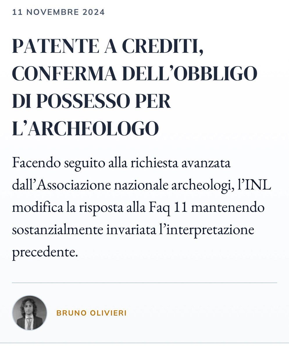 Per Sistema Ratio | Centro Studi Castelli sull’aggiornamento della risposta alla Faq 11 dell’INL inerente l’obbligo dell’archeologo di richiedere la patente a crediti.
ratio.it/patente-a-cred…

#patenteacrediti
#cantieriedili
#studiocommercialeolivieri