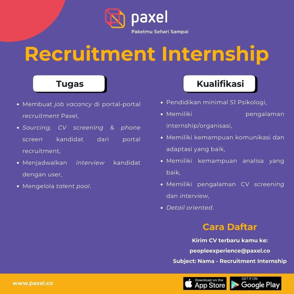 KampusUpdate's tweet photo. Saat ini Paxel sedang mencari talenta hebat untuk menjadi bagian dari misi #AntarkanKebaikan kami.

Kami membuka kesempatan untuk kamu yang ingin belajar menjadi seorang recruiter, menjadi Recruitment Internship.

Bagi kamu yang tertarik dan memiliki kriteria di atas, bisa mengirimkan CV ke: peopleexperience@paxel.co
Subject: Nama - Recruitment Internship