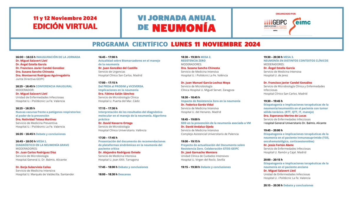 AymonSolutions's tweet photo. 🔬✨ ¡Hoy comienza la VI Jornada Anual de Neumonía que organiza GEIPC-SEIMC!

🌐 Formato virtual

👥 ¡Consulta el programa científico y acompáñanos en esta jornada! 👉 https://t.co/nvOproCUKz
@geipc @SEIMC_ https://t.co/bNqwUTHwIx