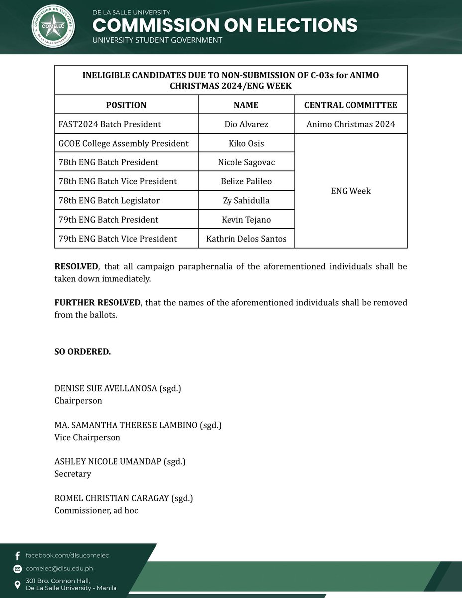 TheLaSallian's tweet photo. UNIVERSITY: COMELEC has disqualified several Special Elections 2024 candidates for failing to submit their Leave of Absence forms while holding central committee roles in various events, violating Article III, Section 3.7 of the Omnibus Election Code. #TLSSE2024 https://t.co/Y4aBJKbvV8