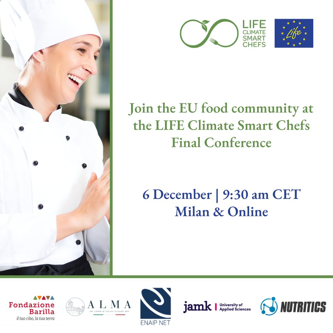 Join the European food community at the LIFE #CSC Final Conference. The participation is free upon registration.
📅 6 December – Milan &amp; online
🕒 9:30 am CET
✍️ climatesmartchefs.eu/final-conferen…
<a href="/Alma_School/">Alma Scuola Cucina</a> <a href="/enaip_net/">ENAIP NET</a> @jamk_fi <a href="/Nutritics/">Nutritics</a> <a href="/LIFEprogramme/">LIFE Programme</a>