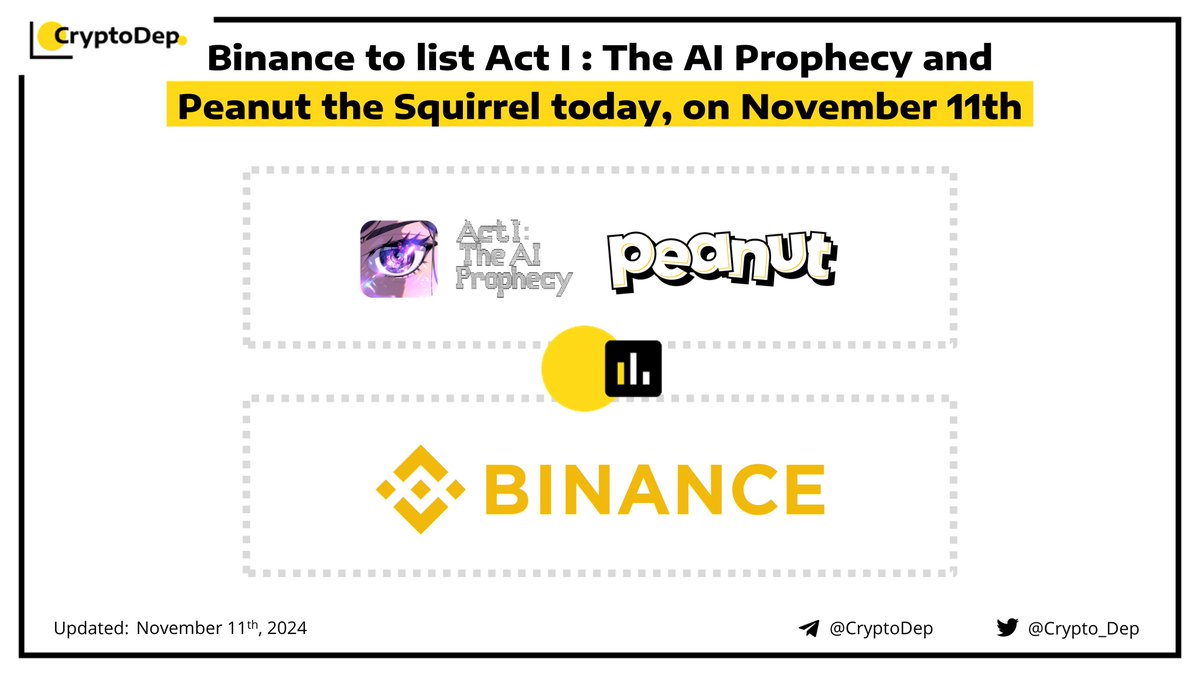 ⚡️ @Binance to list @ACTICOMMUNITY $ACT and @Pnutsolana today, on November  11th Binance will list Act I : The AI Prophecy #ACT, Peanut the Squirrel  #PNUT and open trading for the following