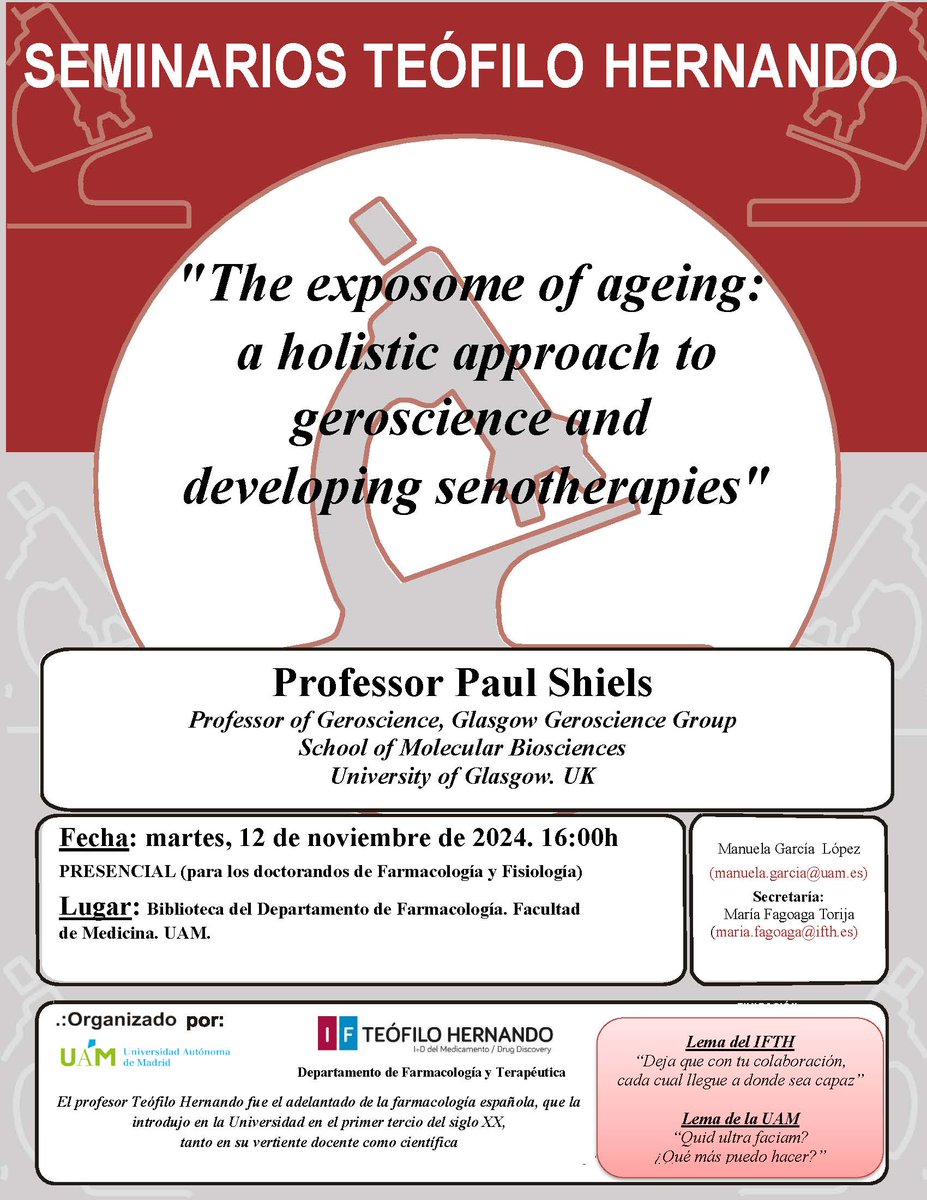 Tau Neurodiscovery (@neuroprotectlab) on Twitter photo Mañana tendremos nuevo Seminario Teófilo Hernando. Contaremos con Paul Shiels de la <a href="/UofGlasgow/">University of Glasgow</a> quien hablará sobre envejecimiento. <a href="/FundacionTH/">Fundación Teófilo Hernando (FTH)</a> <a href="/UAM_Madrid/">UAM Autónoma Madrid</a> <a href="/UAM_Medicina/">Medicina UAM</a> . Os invitamos a acudir:
🗓️12 noviembre 2024
🏦 Biblioteca Depto. de Farmacología, Fac. Medicina, UAM
🕓16:00 Mañana tendremos nuevo Seminario Teófilo Hernando. Contaremos con Paul Shiels de la <a href="/UofGlasgow/">University of Glasgow</a> quien hablará sobre envejecimiento. <a href="/FundacionTH/">Fundación Teófilo Hernando (FTH)</a> <a href="/UAM_Madrid/">UAM Autónoma Madrid</a> <a href="/UAM_Medicina/">Medicina UAM</a> . Os invitamos a acudir:
🗓️12 noviembre 2024
🏦 Biblioteca Depto. de Farmacología, Fac. Medicina, UAM
🕓16:00