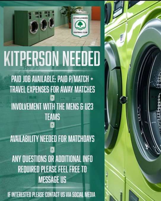 HytheDibdenFC's tweet image. 🇳🇬 📢PAID JOB ROLE: KIT PERSON NEEDED
The club is seeking a kit person on a pay-per-match basis (2 men's games most weeks and an u23 game) with travel expenses for away matches.  
Please DM if interested.

@WessexLeague @swsportsnews @Lymingtontimes