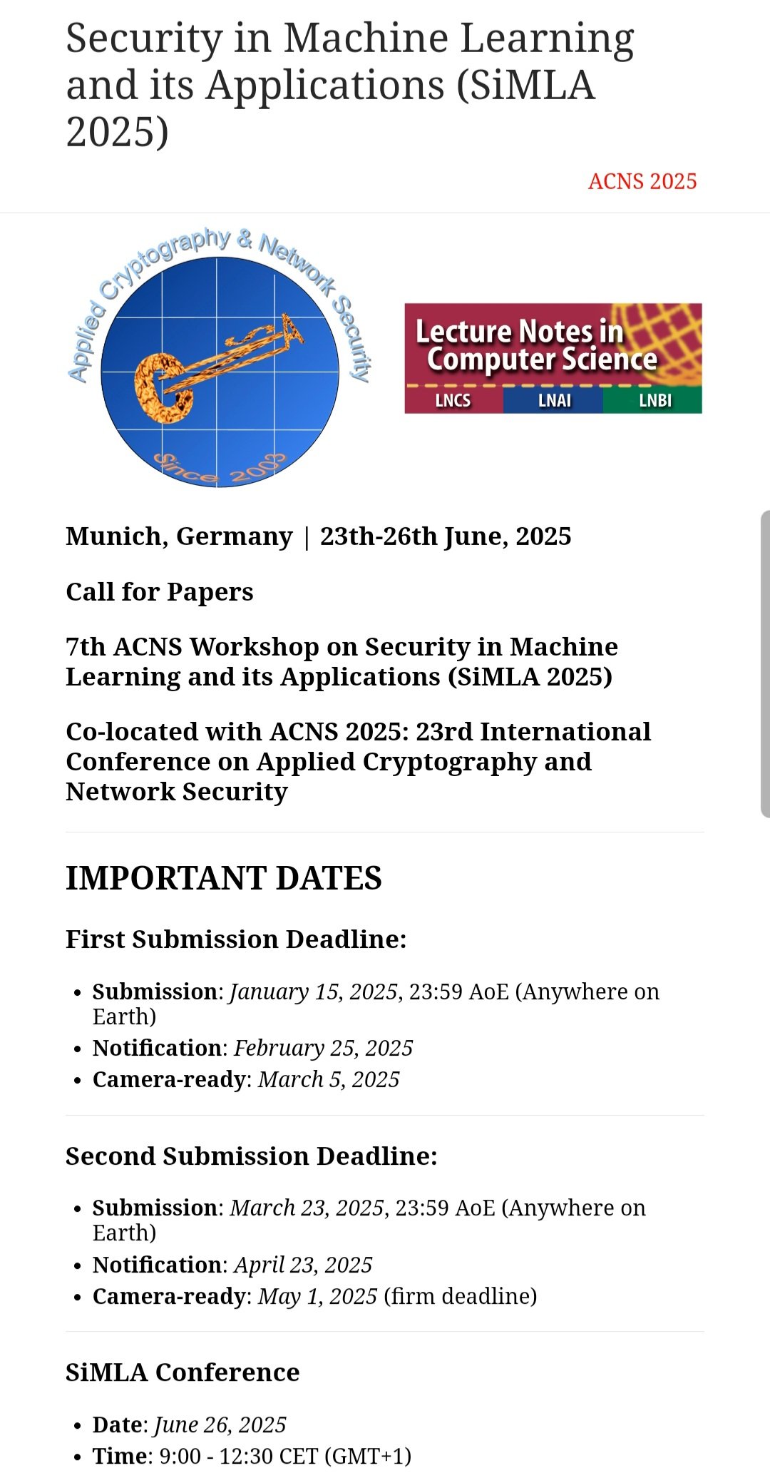 ACNS on X: &ldquo;ACNS workshop SiMLA'25 CFP &ndash; 1st submission deadline 