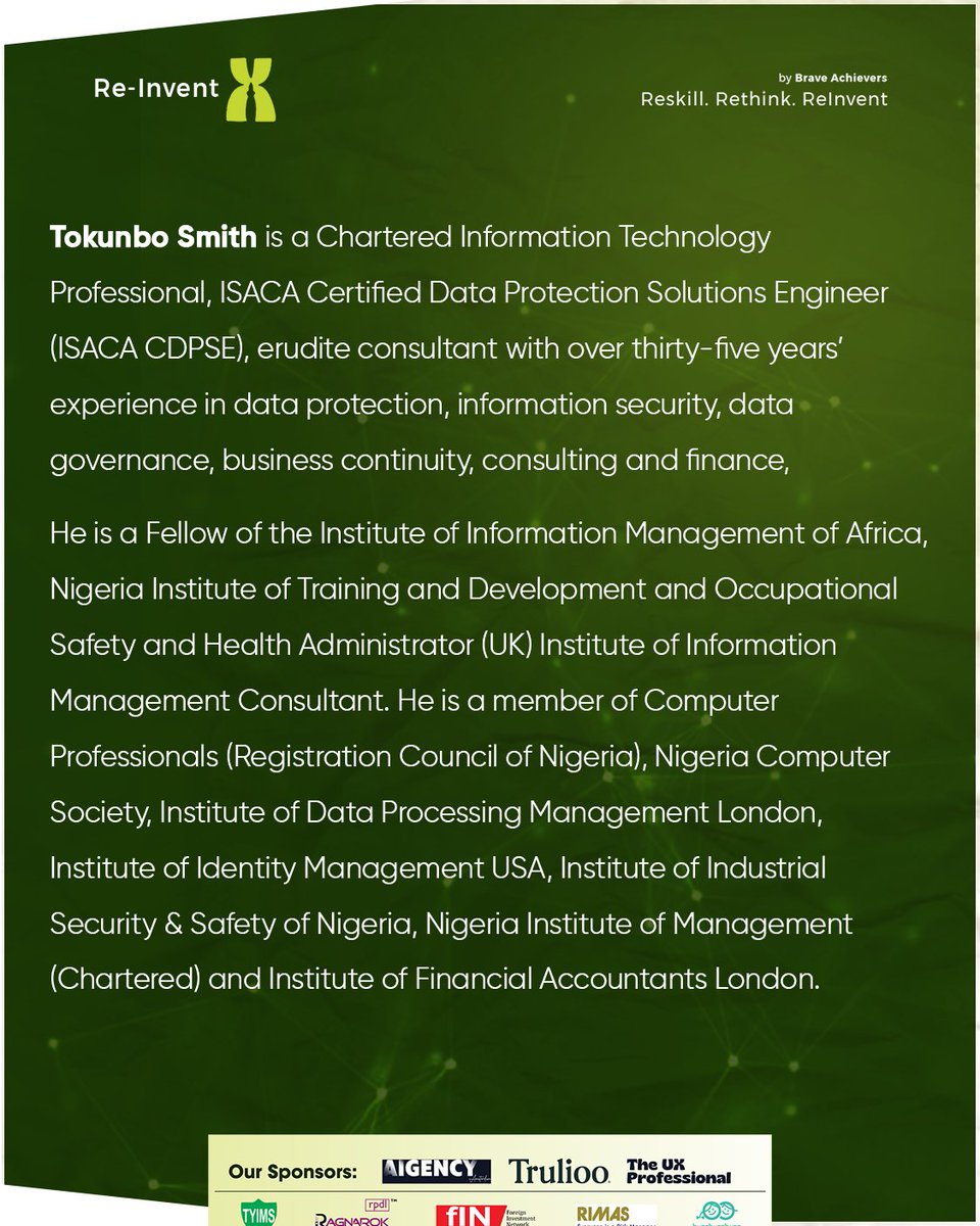 BraveAchievers's tweet photo. Meet Tokunbo Smith at Re-Invent X, a data consultant to the NDPC, turning insights into impact with cutting-edge strategies. Don’t miss the chance to connect with him at the summit and explore the future of data-driven solutions! Sign up with the link https://t.co/xKtnl79itK https://t.co/pS3e5UO1jb