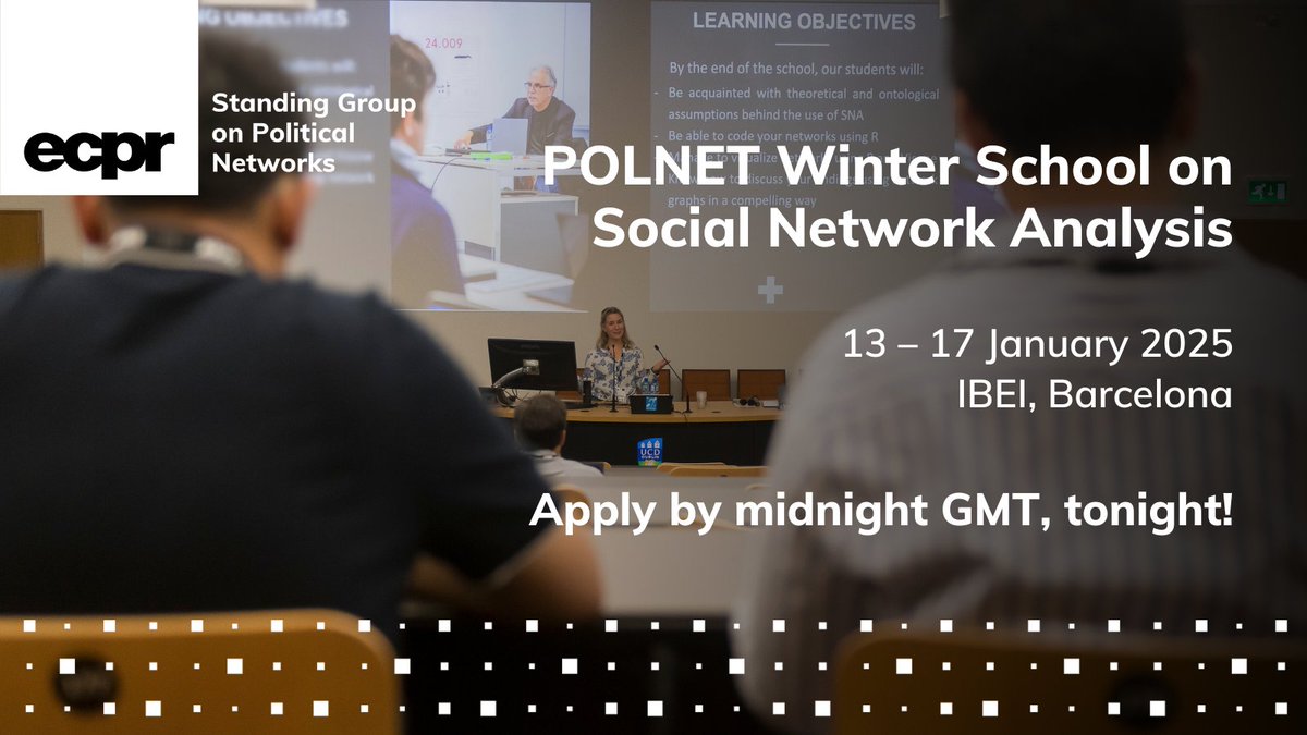 European Consortium for Political Research (@ecpr) on Twitter photo ⏰ Quick – applications close tonight
🧠 Join <a href="/politicalnets/">PoliticalNets ECPR</a> Winter School to expand your expertise in #SNA
🎓 Delivered by experts <a href="/cbravuna/">Carlos D. Bravo Laguna (@cbravuna.bsky.social)</a> @MelNagel1 <a href="/lukas_lehotsky/">Lukáš Lehotský</a>, Volker Schneider, Jürgen Lerner, Mario Diani & Eva Fernandez Guzman ecpr.eu/Events/310
📆 13–17 Jan <a href="/IBEI/">Institut Barcelona d'Estudis Internacionals</a> ⏰ Quick – applications close tonight
🧠 Join <a href="/politicalnets/">PoliticalNets ECPR</a> Winter School to expand your expertise in #SNA
🎓 Delivered by experts <a href="/cbravuna/">Carlos D. Bravo Laguna (@cbravuna.bsky.social)</a> @MelNagel1 <a href="/lukas_lehotsky/">Lukáš Lehotský</a>, Volker Schneider, Jürgen Lerner, Mario Diani & Eva Fernandez Guzman ecpr.eu/Events/310
📆 13–17 Jan <a href="/IBEI/">Institut Barcelona d'Estudis Internacionals</a>