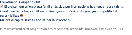 ASCEFcat's tweet photo. 📈 El creixement a l' #empresafamiliar és clau per internacionalitzar-se, atraure talent, invertir en tecnologia i millorar el finançament. Créixer és guanyar #competitivitat i #sostenibilitat 💼💡

Millora el capital humà i aposta per la #innovació. 

#ASCEF https://t.co/rQP5M7PuIN