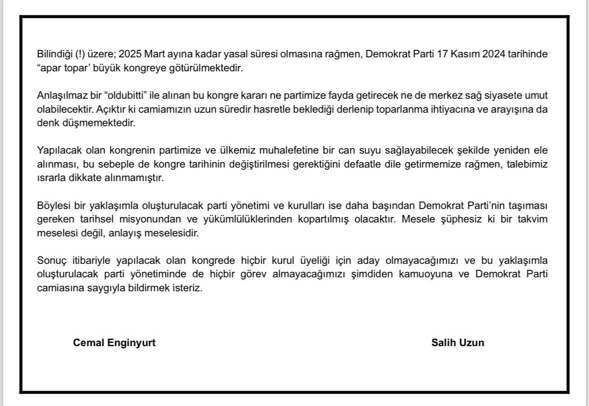 DEMOKRAT PARTİ 15. OLAĞAN KONGRESİ ile ilgili İstanbul Milletvekilimiz Sn. Cemal Enginyurt ile birlikte ortak basın açıklamamızdır.
Kamuoyuna saygıyla duyurulur 👇
<a href="/cenginyurt52/">Cemal Enginyurt</a>