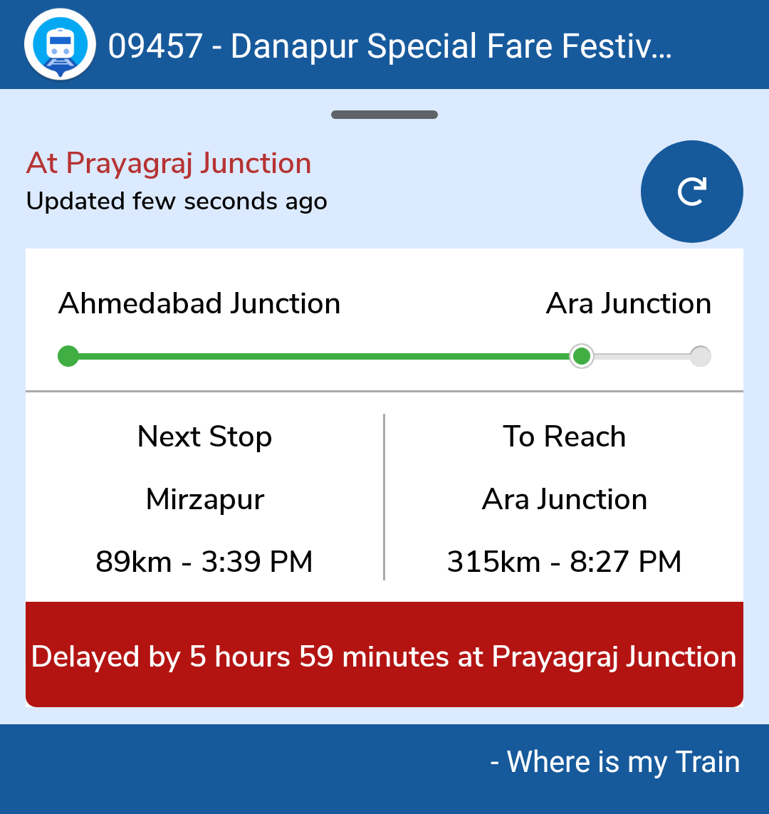 Imvssingh's tweet photo. 09457 Ahmedabad to Danapur already late by 6 hours @ashwinivaishnav
Check out the running status of Danapur Special Fare Festival Special

 https://t.co/36EdUjxqGW https://t.co/NRUu6ufuy6