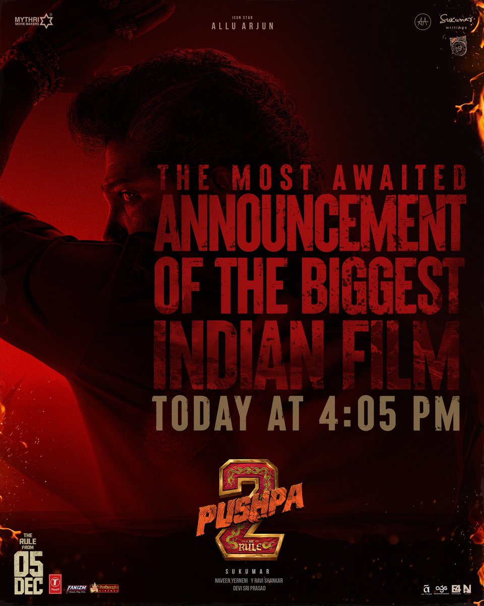 Kailash94063282's tweet photo. The wait ends &amp; The anticipation begins 🔥🔥

Today at 4.05 PM. Stay tuned!

#Pushpa2TheRule GRAND RELEASE WORLDWIDE ON 5th DECEMBER, 2024.

#Pushpa2TheRuleOnDec5th 🤙💥
Thaggedhe le ❤️‍🔥 #Pushpa2TheRule #Pushpa2TheRuleTrailer https://t.co/UNMlHNErBD