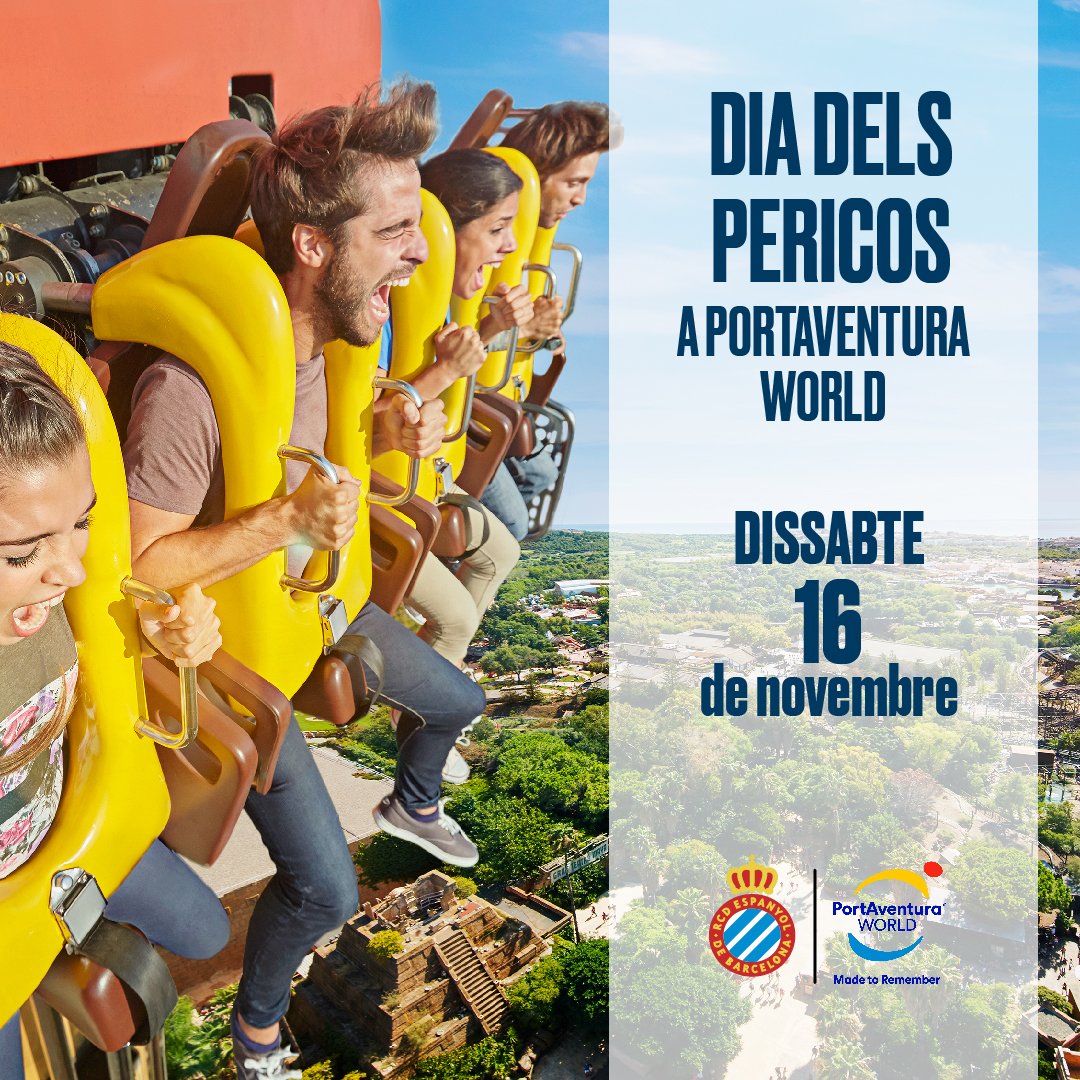 🎁 𝗦𝗢𝗥𝗧𝗘𝗜𝗚 <a href="/Portaventura_ES/">PortAventura World</a> | Aprofitant que el 16 de novembre és el Dia dels Pericos a Port Aventura World, sortegem dues entrades dobles!

1⃣ Fes RT
2⃣ Segueix a <a href="/Portaventura_ES/">PortAventura World</a> i al <a href="/RCDEspanyol/">RCD Espanyol de Barcelona</a> 
3⃣ Menciona a l'amic/a amb qui aniries

Sort! 🍀 #RCDE