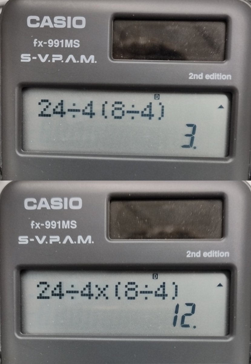 beingtolerant's tweet photo. @engineers_feed Sam calculator, different results!! 
#interesting #bodmas #pedmas https://t.co/pTKKu6gxGR