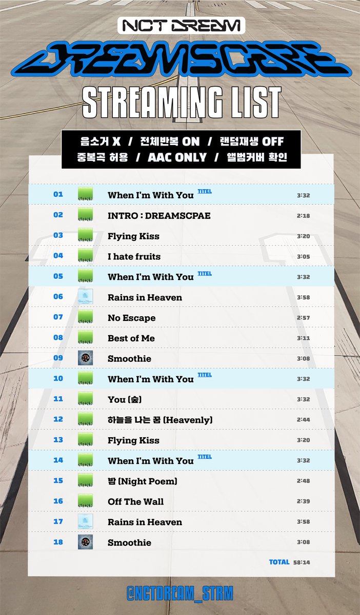 NCTDREAM_STRM's tweet photo. RT) 📢 ‘When I'm With You' 권장 스트리밍 리스트

💚반드시 이미지의 권장 스밍리스트대로 스트리밍 해주세요!

✔️스밍은 한 시간에 한 번만 반영됩니다.
✔️재생목록을 비운 후 곡을 추가해 주세요.
🌟스밍리스트의 앨범아트와 꼭 일치하게 스밍해 주세요. https://t.co/iKlozCR9NH