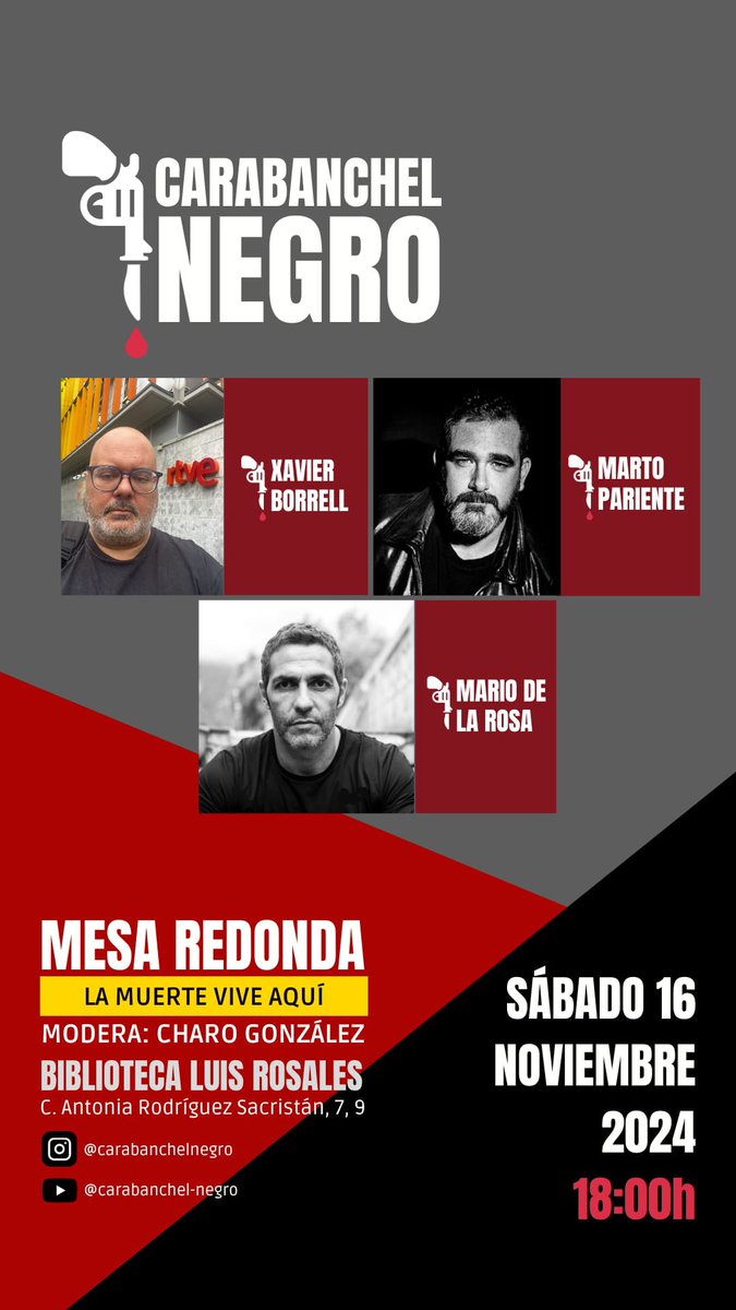 Nace Carabanchel negro, un nuevo festival con futuro. Este sábado 16 a las 18 h, en la Biblioteca Luis Rosales, tendré el honor d compartir mesa con Marto Pariente y Mario d la Rosa, moderados por Charo González Herrera hablando de ‘La muerte vive aquí’.Te espero. <a href="/EdicionesNoir/">Ediciones Real Noir</a>