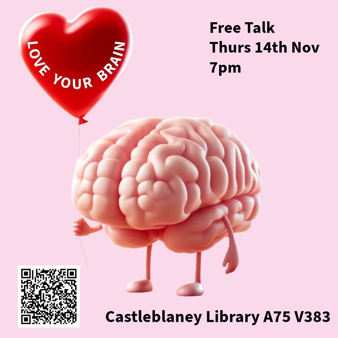 Cavan Monaghan Science Festival
I'm giving a free talk in my new 'home town' Shercock on Tues 12th about Bain Fog
On Thurs 14th I'll be in the fab Castleblayney library sharing tips on how to keep your brain healthy &amp; reduce your risk of developing dementia.
Scan to book
