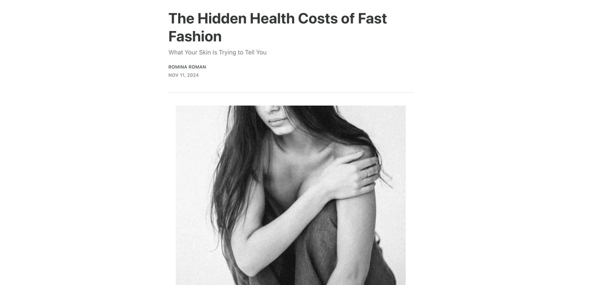 rominaramon's tweet image. We scrutinize food labels, research skincare ingredients, and filter our water.

Yet we rarely consider that we&apos;re wrapped in potentially harmful fabrics for 24 hours a day.

Read my article on the hidden health costs of your clothes: substack.com/home/post/p-15…